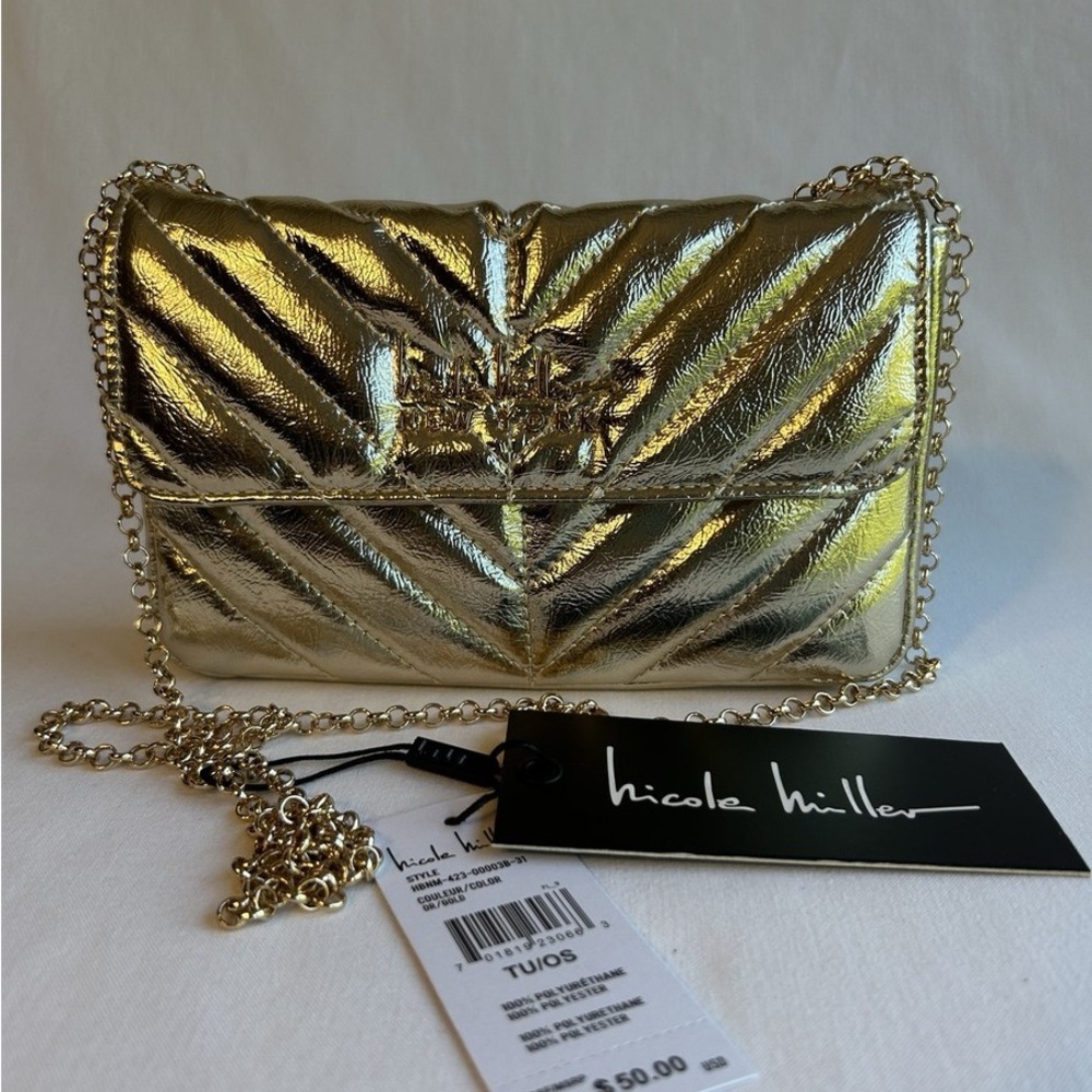 Nicole Miller Gold Quilted Chain Crossbody Bag